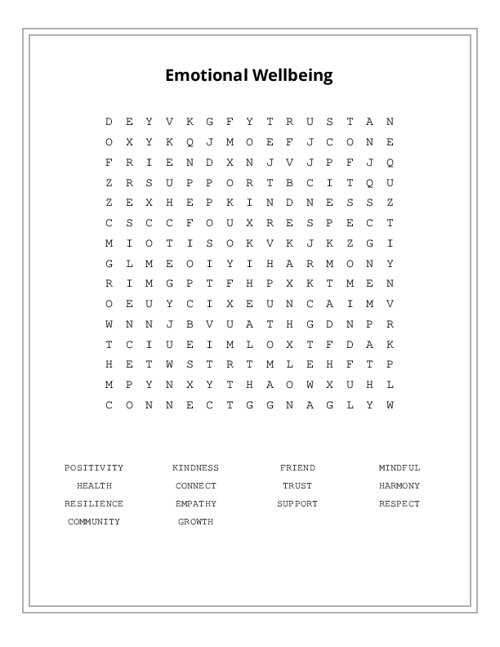 Emotional Wellbeing Word Search Puzzle