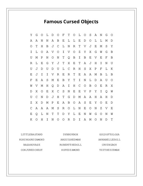 Famous Cursed Objects Word Search Puzzle