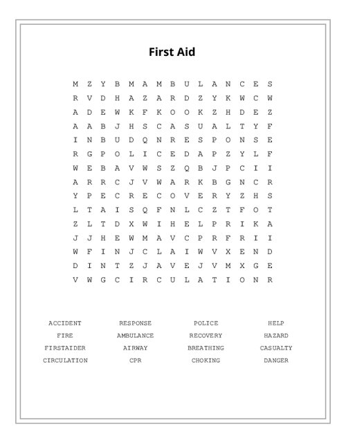 First Aid Word Search Puzzle