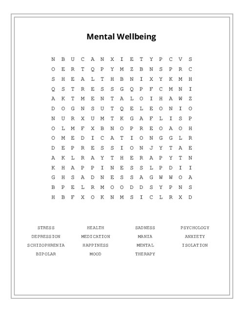 Mental Wellbeing Word Search Puzzle