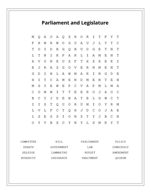 Parliament and Legislature Word Search Puzzle