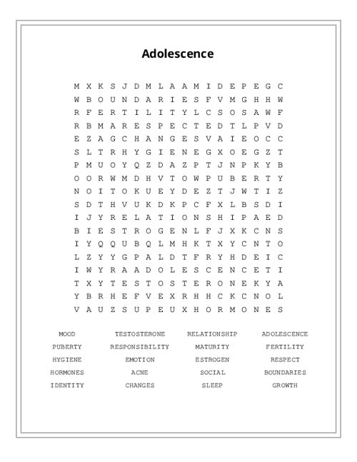 Adolescence Word Search Puzzle
