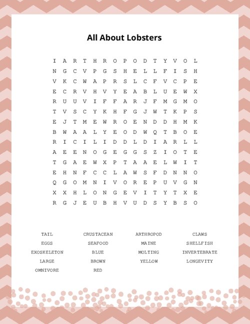 All About Lobsters Word Search Puzzle