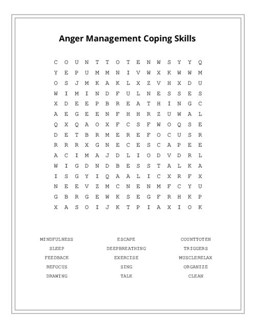 Anger Management Coping Skills Word Search Puzzle