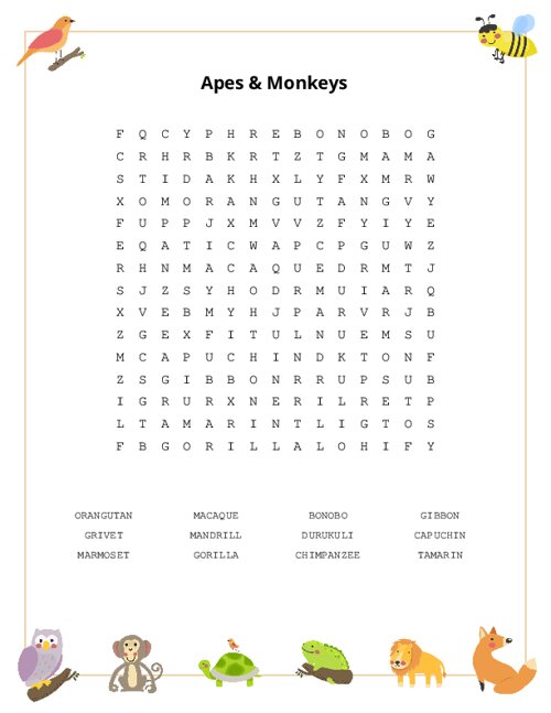 Apes & Monkeys Word Search Puzzle