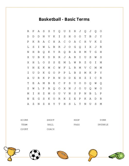 Basketball - Basic Terms Word Search Puzzle