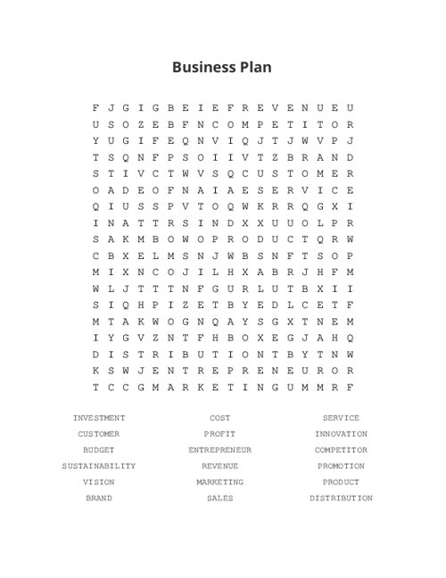Business Plan Word Search Puzzle