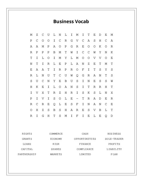 Business Vocab Word Search Puzzle