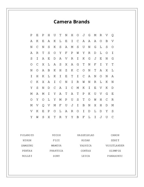 Camera Brands Word Search Puzzle