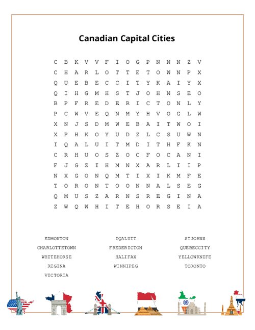 Canadian Capital Cities Word Search Puzzle