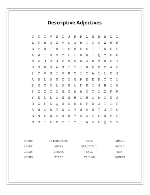 Descriptive Adjectives Word Search Puzzle