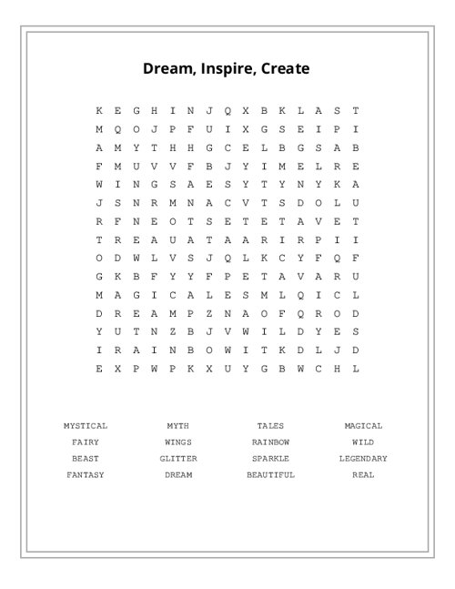 Dream, Inspire, Create Word Search Puzzle