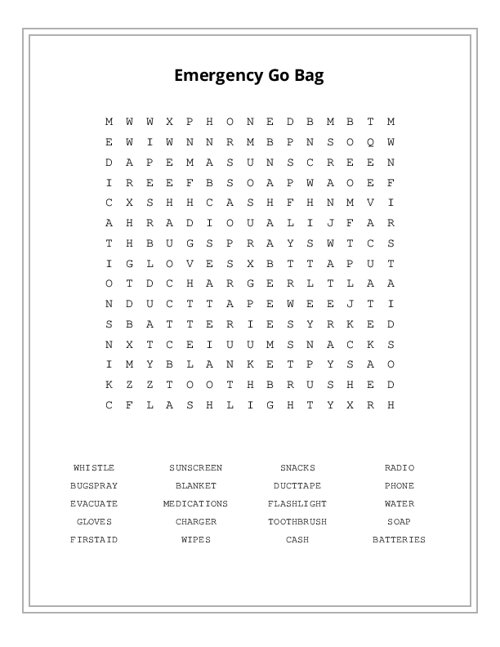 Emergency Go Bag Word Search Puzzle