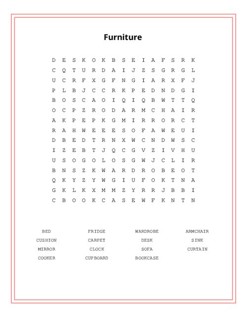 Furniture Word Search Puzzle