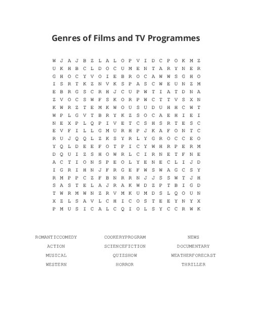 Genres of Films and TV Programmes Word Search Puzzle