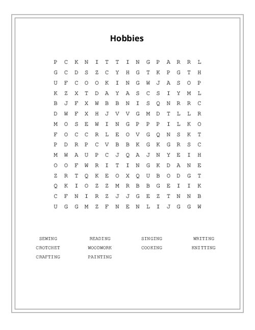 Hobbies Word Search Puzzle