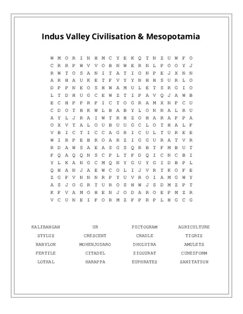 Indus Valley Civilisation & Mesopotamia Word Search Puzzle