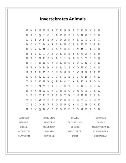 Invertebrates Animals Word Search Puzzle