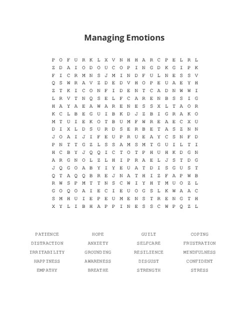 Managing Emotions Word Search Puzzle
