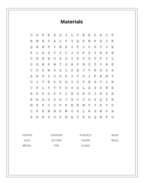 Materials Word Search Puzzle
