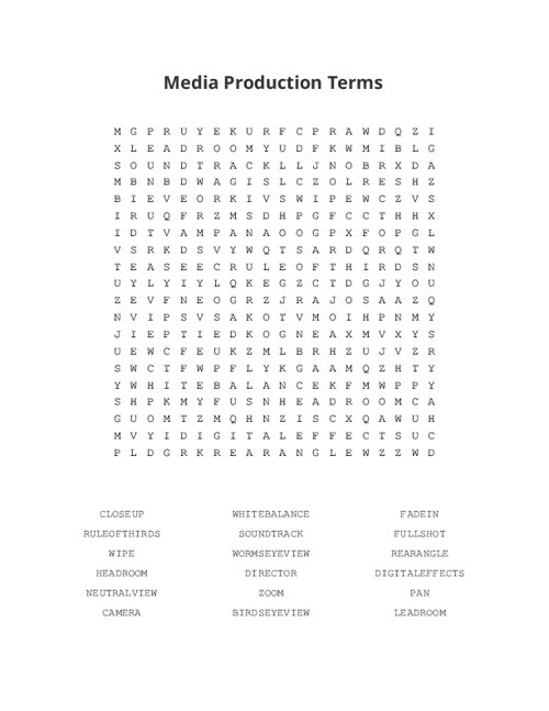 Media Production Terms Word Search Puzzle