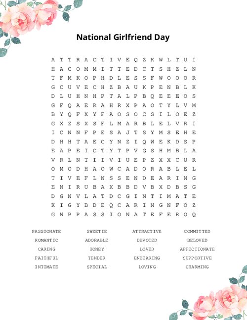 National Girlfriend Day Word Search Puzzle