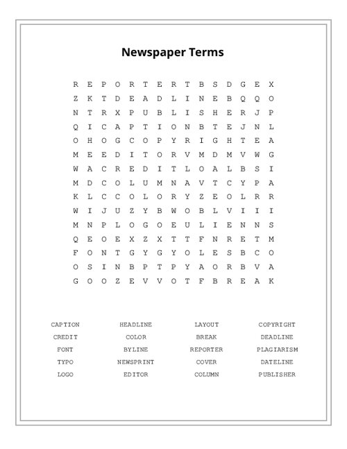 Newspaper Terms Word Search Puzzle