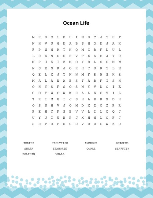 Ocean Life Word Search Puzzle