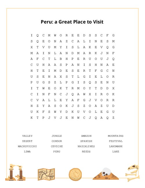 Peru: a Great Place to Visit Word Search Puzzle