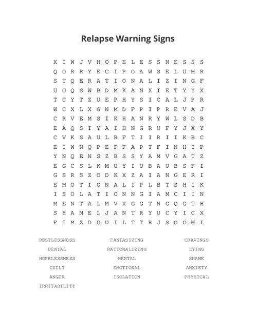 Relapse Warning Signs Word Search Puzzle