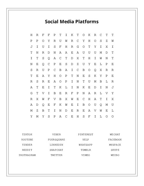 Social Media Platforms Word Search Puzzle