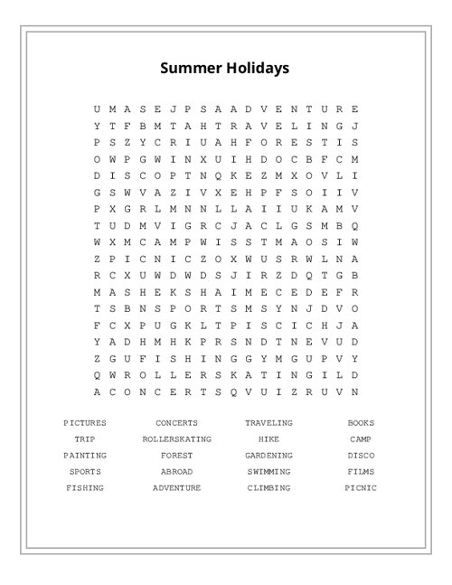Summer Holidays Word Search Puzzle