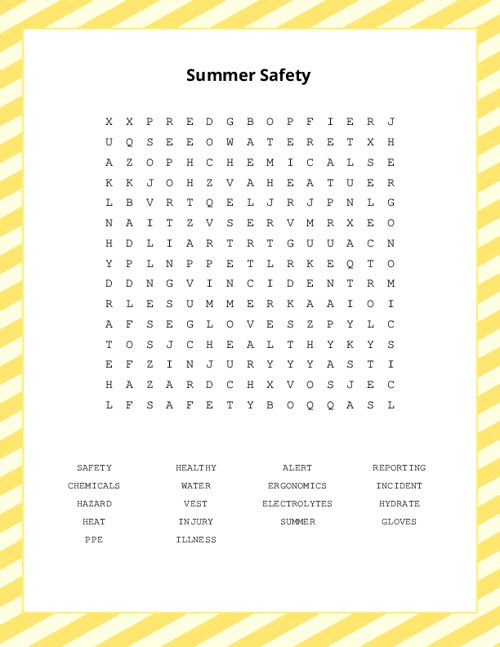 Summer Safety Word Search Puzzle