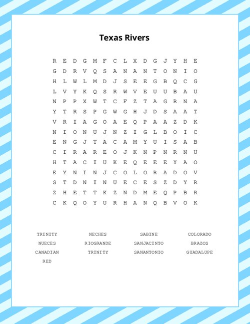 Texas Rivers Word Search Puzzle