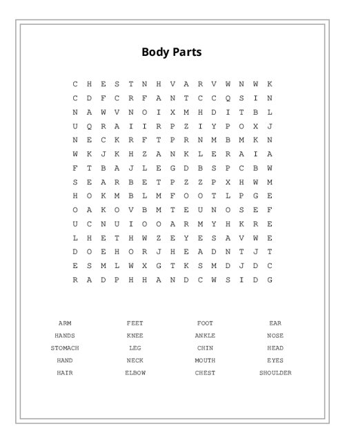 Body Parts Word Search Puzzle