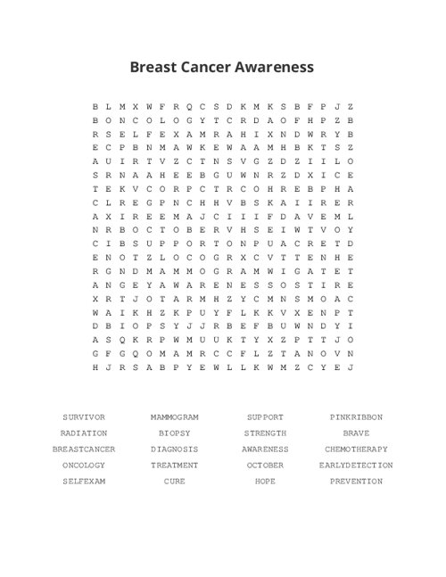 Breast Cancer Awareness Word Search Puzzle