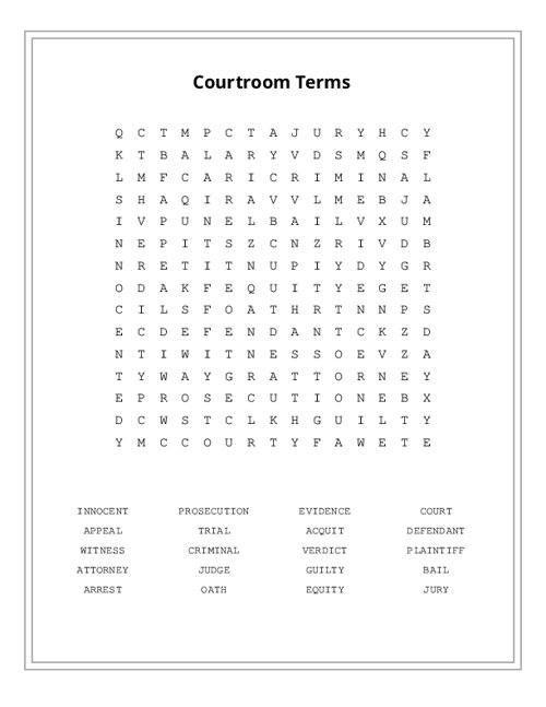 Courtroom Terms Word Search Puzzle