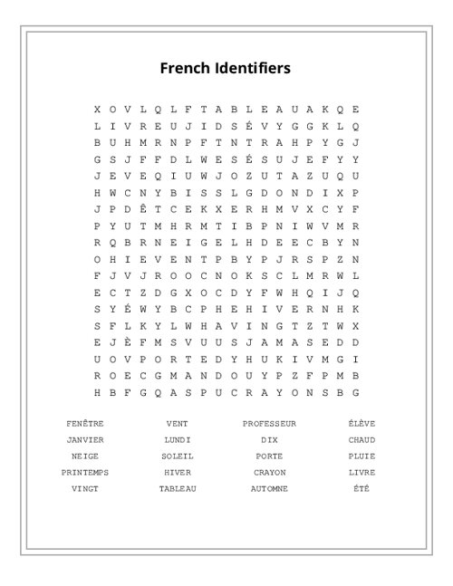 French Identifiers Word Search Puzzle