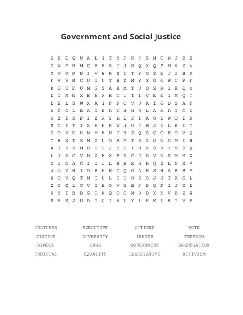 Government and Social Justice Word Search Puzzle