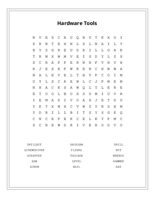 Hardware Tools Word Search Puzzle