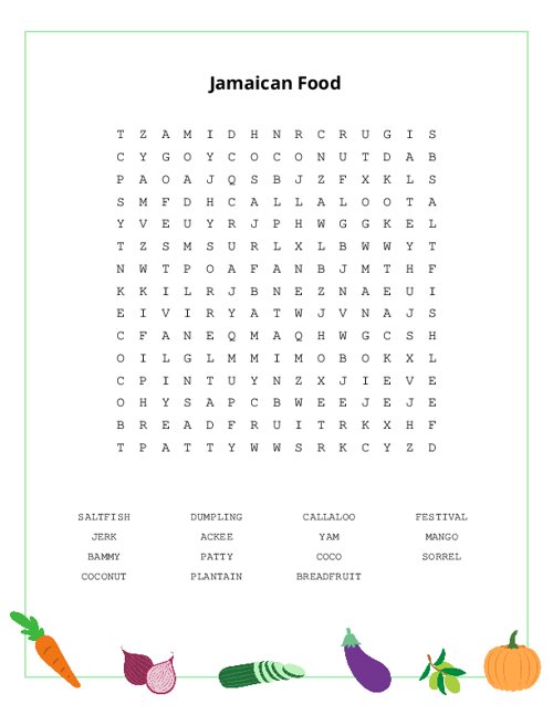 Jamaican Food Word Search Puzzle