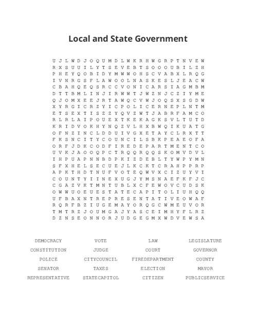 Local and State Government Word Search Puzzle