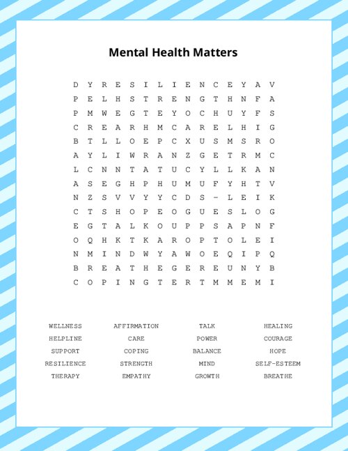 Mental Health Matters Word Search Puzzle