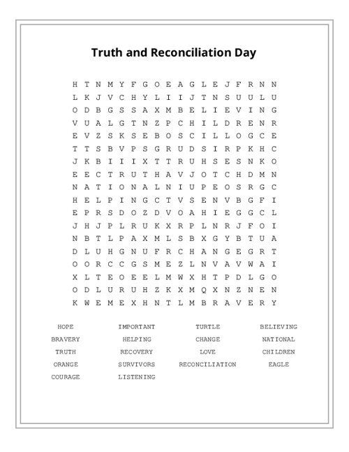 Truth and Reconciliation Day Word Search Puzzle