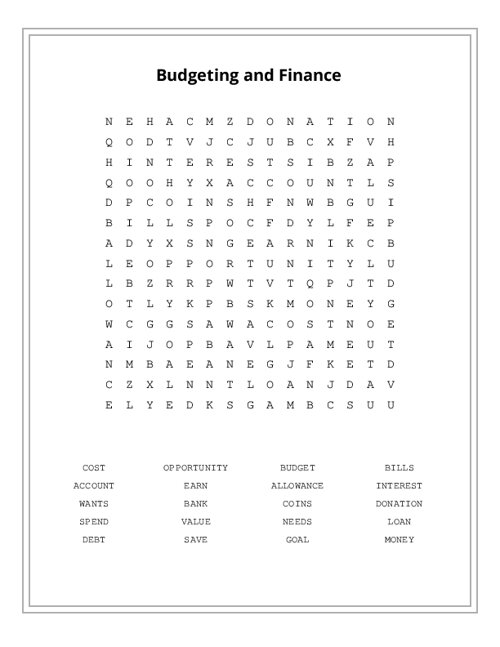 Budgeting and Finance Word Search Puzzle