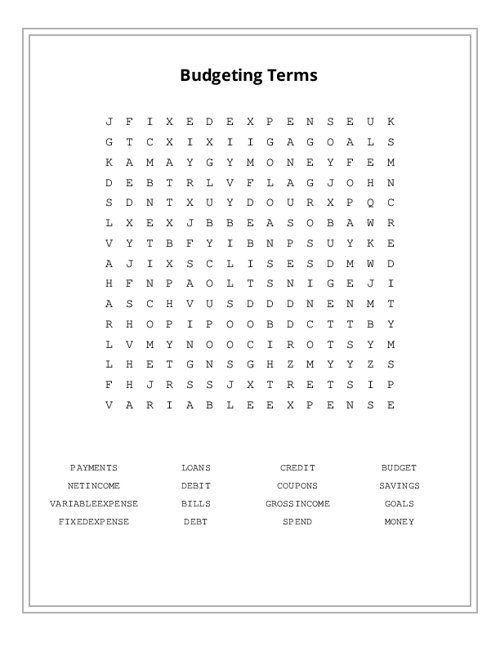 Budgeting Terms Word Search Puzzle