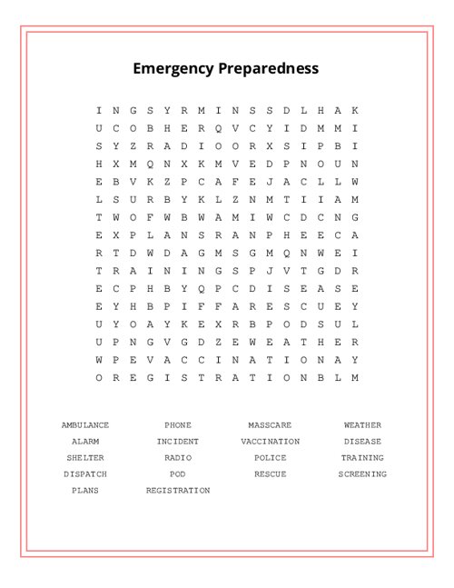 Emergency Preparedness Word Search Puzzle