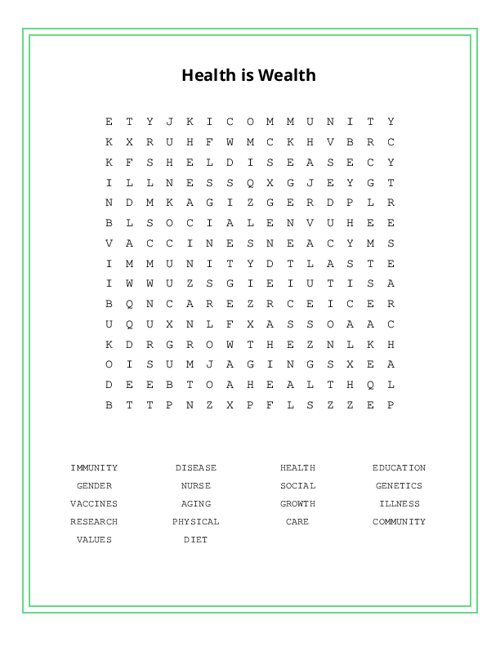 Health is Wealth Word Search Puzzle
