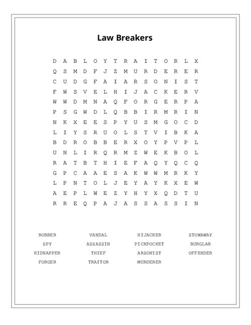 Law Breakers Word Search Puzzle