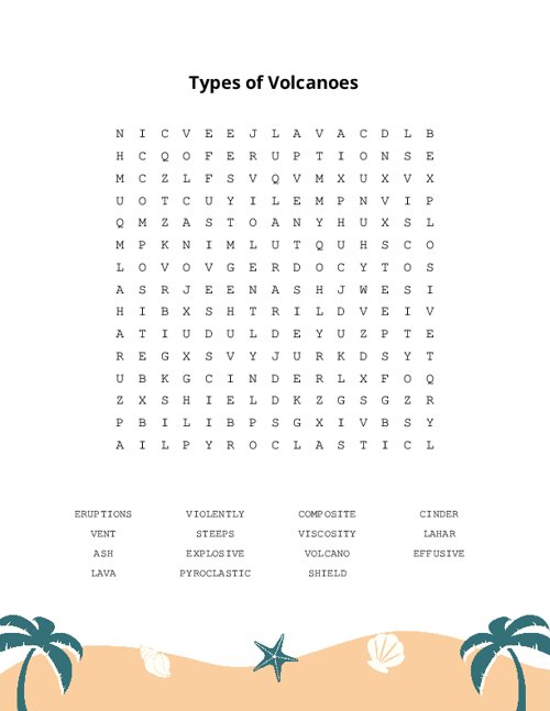 Types of Volcanoes Word Search Puzzle